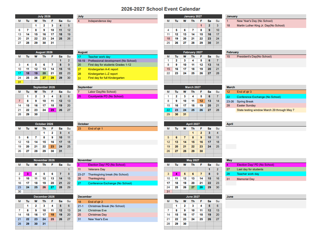 2026-2027 District Calendar